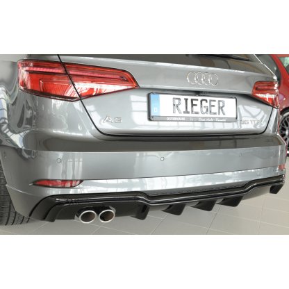 Rieger vložka zadního nárazníku pro Audi A3 8V 3-dvéř. (hatchback 8V1), 5-dvéř. (sportback 8VA) po faceliftu, plast ABS lakovaný do černé lesklé barvy, pro dvojitou koncovku vlevo