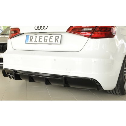 Rieger vložka zadního nárazníku pro Audi A3 8V 3-dvéř. (hatchback 8V1), 5-dvéř. (sportback 8VA) před faceliftem, plast ABS lakovaný do černé lesklé barvy, pro dvojitou koncovku vlevo