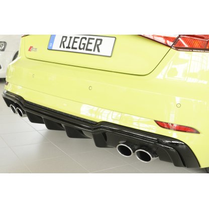 Rieger vložka zadního nárazníku pro Audi A3 S3 8V 3-dvéř. (hatchback 8V1), 5-dvéř. (sportback 8VA) po faceliftu, plast ABS lakovaný do černé lesklé barvy, pro orig. dvojité koncovky na obou stranách 4x90x72 mm