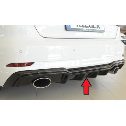 Rieger vložka zadního nárazníku pro Audi A3 S3 8V 3-dvéř. (hatchback 8V1), 5-dvéř. (sportback 8VA) po faceliftu, plast ABS lakovaný do černé lesklé barvy, pro sportovní koncovky na obou stranách 152x95 mm