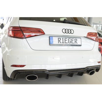 Rieger vložka zadního nárazníku pro Audi A3 S3 8V 3-dvéř. (hatchback 8V1), 5-dvéř. (sportback 8VA) po faceliftu, plast ABS lakovaný do černé lesklé barvy, pro sportovní koncovky na obou stranách 152x95 mm