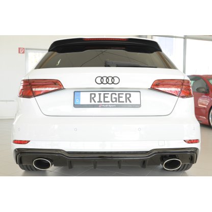 Rieger vložka zadního nárazníku pro Audi A3 S3 8V 3-dvéř. (hatchback 8V1), 5-dvéř. (sportback 8VA) po faceliftu, plast ABS lakovaný do černé lesklé barvy, pro sportovní koncovky na obou stranách 152x95 mm