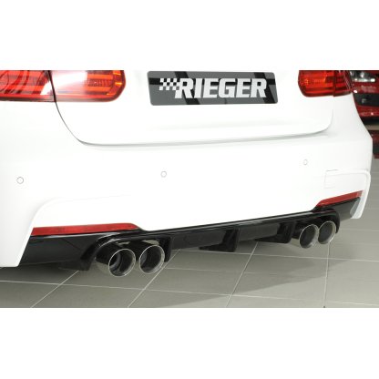 Rieger vložka zadního nárazníku pro BMW řada 3 F30, F31 sedan, touring vč. faceliftu, plast ABS lakovaný do černé lesklé barvy, pro dvojité koncovky na obou stranách 4x90 mm (335i/340i look)