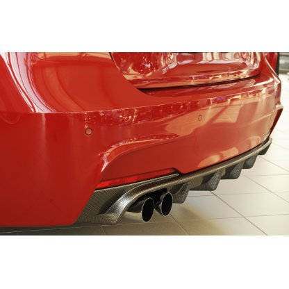 Rieger vložka zadního nárazníku pro BMW řada 3 F30, F31 sedan, touring vč. faceliftu, plast ABS s povrchovou úpravou Carbon-Look, pro orig. dvojitou koncovku vlevo