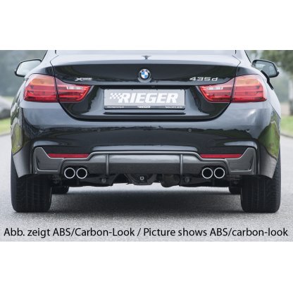Rieger vložka zadního nárazníku pro BMW řada 4 F32, F33, F36 coupe (3-dvéř.), gran coupe (5-dvéř.), kabriolet vč. faceliftu, plast ABS lakovaný do černé lesklé barvy, pro dvojité koncovky na obou stranách 4x76 mm