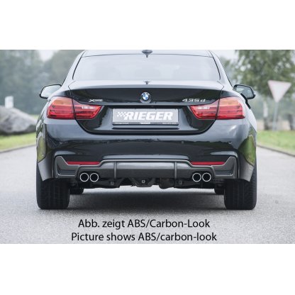 Rieger vložka zadního nárazníku pro BMW řada 4 F32, F33, F36 coupe (3-dvéř.), gran coupe (5-dvéř.), kabriolet vč. faceliftu, plast ABS lakovaný do černé lesklé barvy, pro dvojité koncovky na obou stranách 4x76 mm vč. mřížky