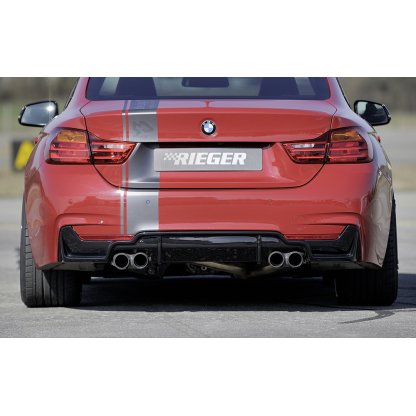 Rieger vložka zadního nárazníku pro BMW řada 4 F32, F33, F36 coupe (3-dvéř.), gran coupe (5-dvéř.), kabriolet vč. faceliftu, plast ABS lakovaný do černé lesklé barvy, pro dvojité koncovky na obou stranách 4x80 mm (435i/440i look)