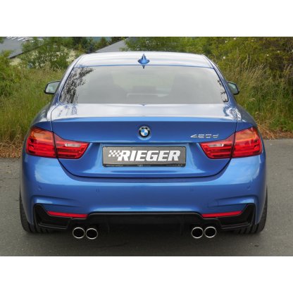 Rieger vložka zadního nárazníku pro BMW řada 4 F32, F33, F36 coupe (3-dvéř.), gran coupe (5-dvéř.), kabriolet vč. faceliftu, plast ABS lakovaný do černé lesklé barvy, pro dvojité koncovky na obou stranách 4x80 mm (435i/440i look)