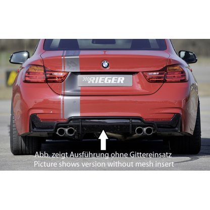 Rieger vložka zadního nárazníku pro BMW řada 4 F32, F33, F36 coupe (3-dvéř.), gran coupe (5-dvéř.), kabriolet vč. faceliftu, plast ABS lakovaný do černé lesklé barvy, pro dvojité koncovky na obou stranách 4x80 mm (435i/440i look) vč. mřížky