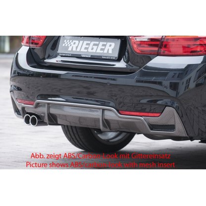 Rieger vložka zadního nárazníku pro BMW řada 4 F32, F33, F36 coupe (3-dvéř.), gran coupe (5-dvéř.), kabriolet vč. faceliftu, plast ABS lakovaný do černé lesklé barvy, pro orig. dvojitou koncovku vlevo