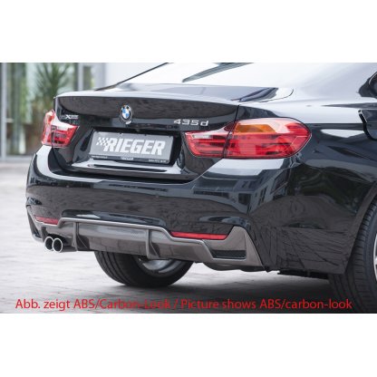 Rieger vložka zadního nárazníku pro BMW řada 4 F32, F33, F36 coupe (3-dvéř.), gran coupe (5-dvéř.), kabriolet vč. faceliftu, plast ABS lakovaný do černé lesklé barvy, pro orig. dvojitou koncovku vlevo vč. mřížky