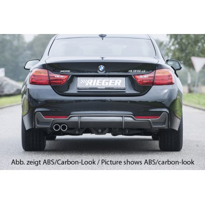 Rieger vložka zadního nárazníku pro BMW řada 4 F32, F33, F36 coupe (3-dvéř.), gran coupe (5-dvéř.), kabriolet vč. faceliftu, plast ABS lakovaný do černé lesklé barvy, pro orig. dvojitou koncovku vlevo vč. mřížky