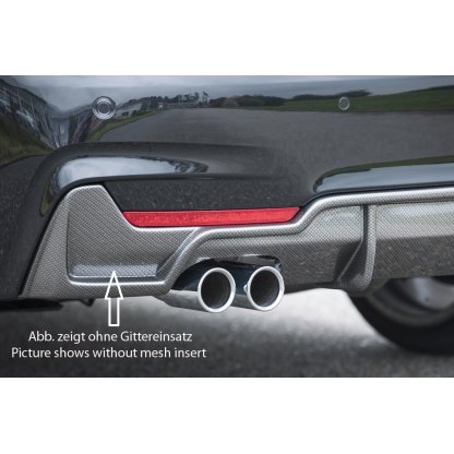 Rieger vložka zadního nárazníku pro BMW řada 4 F32, F33, F36 coupe (3-dvéř.), gran coupe (5-dvéř.), kabriolet vč. faceliftu, plast ABS s povrchovou úpravou Carbon-Look, pro dvojité koncovky na obou stranách 4x76 mm