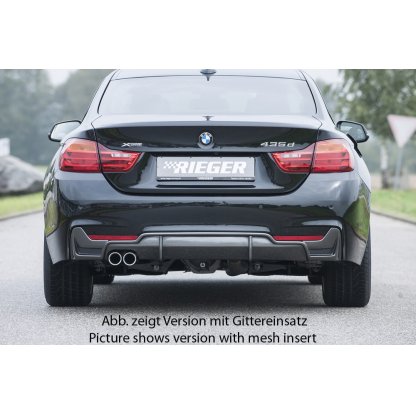 Rieger vložka zadního nárazníku pro BMW řada 4 F32, F33, F36 coupe (3-dvéř.), gran coupe (5-dvéř.), kabriolet vč. faceliftu, plast ABS s povrchovou úpravou Carbon-Look, pro orig. dvojitou koncovku vlevo