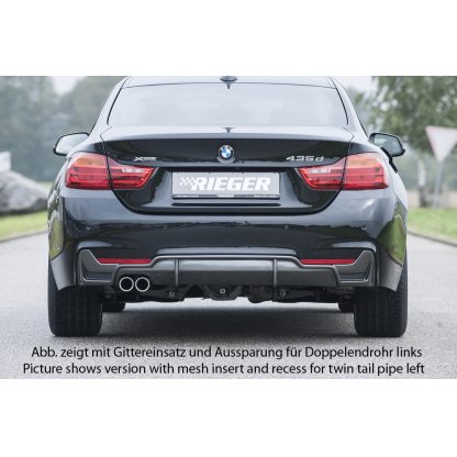 Rieger vložka zadního nárazníku pro BMW řada 4 F32, F33, F36 coupe (3-dvéř.), gran coupe (5-dvéř.), kabriolet vč. faceliftu, plast ABS s povrchovou úpravou Carbon-Look, pro orig. koncovku vlevo