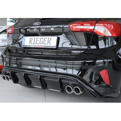 Rieger vložka zadního nárazníku pro Ford Focus 4 DEH, ST 5-dvéř. (hatchback), plast ABS lakovaný do černé lesklé barvy, pro dvojité koncovky na obou stranách 4x80 mm
