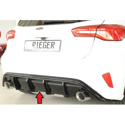 Rieger vložka zadního nárazníku pro Ford Focus 4 DEH, ST 5-dvéř. (hatchback), plast ABS lakovaný do černé lesklé barvy, pro sportovní koncovky na obou stranách 100 mm