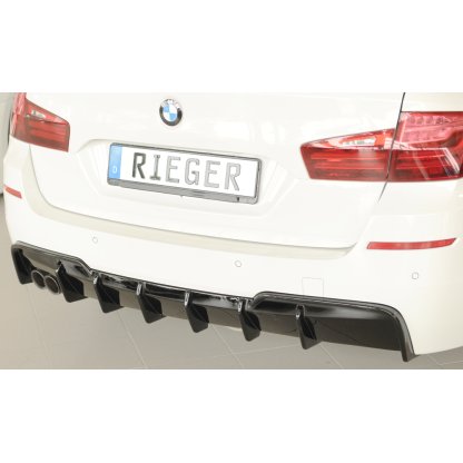 Rieger vložka zadního nárazníku (pro vozy s tažným zařízením) pro BMW řada 5 F11 touring, plast ABS lakovaný do černé lesklé barvy, pro orig. dvojitou koncovku vlevo