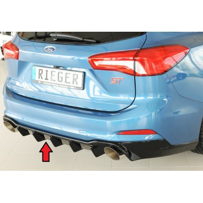 Rieger vložka zadního nárazníku (pro vozy s tažným zařízením) pro Ford Focus 4 DEH 5-dvéř. (combi), plast ABS lakovaný do černé lesklé barvy, pro sportovní koncovky vlevo/vpravo 115 mm