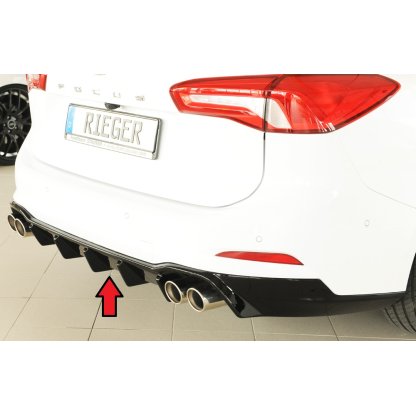 Rieger vložka zadního nárazníku (pro vozy s tažným zařízením) pro Ford Focus 4 DEH 5-dvéř. (combi), plast ABS lakovaný do černé lesklé barvy, pro sportovní koncovky vlevo/vpravo 4x80 mm