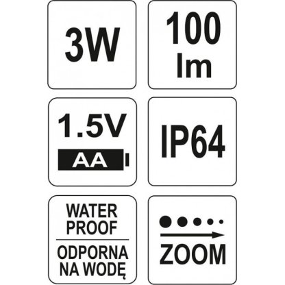 Svítilna kapesní voděodolná IP64, fce ZOOM, 100lm, 3xAA, 100x25mm