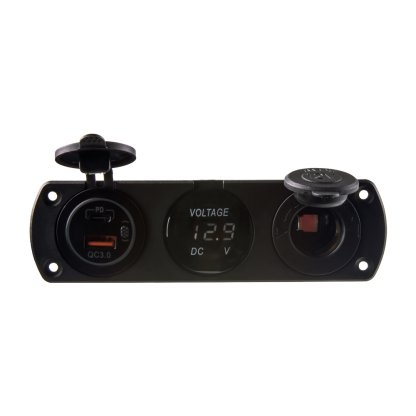 Trojitá zásuvka do panelu CL, Voltmetr, 2x USB nabíječka QC3.0/PD