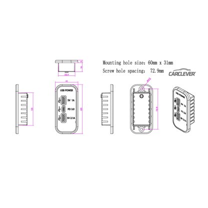 USB 2.4A + QC3.0 + USB-C PD zásuvka 12/24V, chromový rámeček