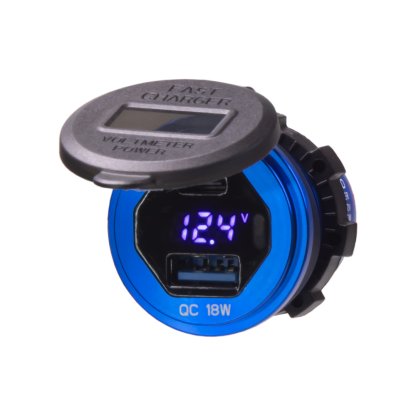 USB nabíječka QC + USB-C s voltmetrem/wattmetrem, hliníková do panelu, 18W + 45W