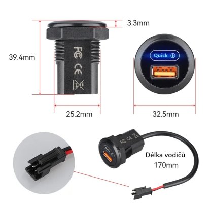 USB nabíječka QC3.0 do panelu, kulatá, 12/24V