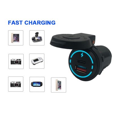 USB QC3.0 + USB-C PD 18W zásuvka 12/24V, voděodolná