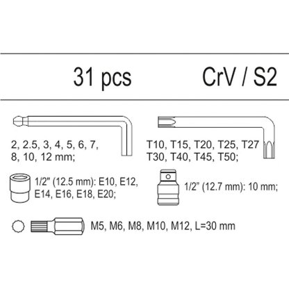 Vložka do zásuvky - imbus 2-12mm, torx T10-T50, 1/2" E10-E20, adaptéry M5- M12