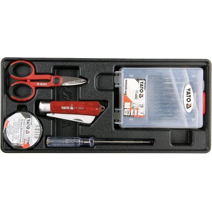 Vložka do zásuvky - izol. páska, zkoušečka, nůžky, montážní nůž, sada vrtáků 1-10mm - YT-55471