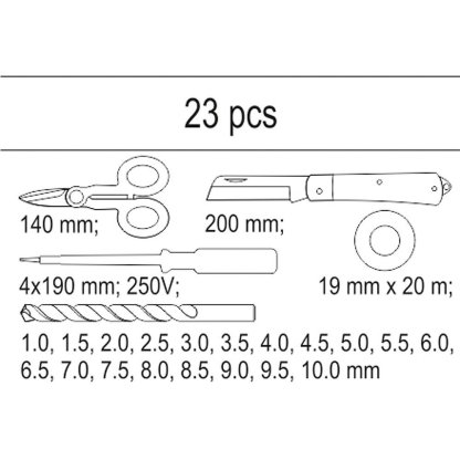 Vložka do zásuvky - izol. páska, zkoušečka, nůžky, montážní nůž, sada vrtáků 1-10mm - YT-55471