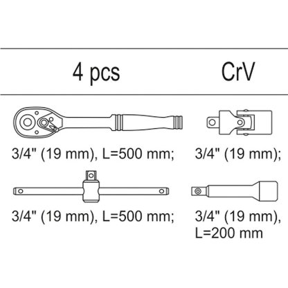 Vložka do zásuvky - sada ráčen a nástavců, 3/4", 4ks