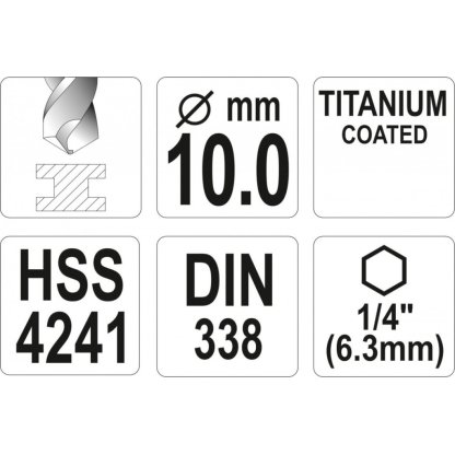 Vrták do kovu 10mm, TITAN HEX 1/4", délka 133mm - YT-44772