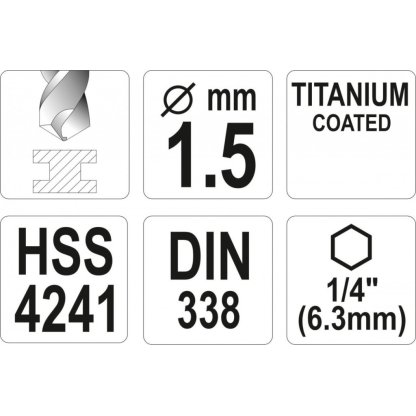 Vrták na kov 1,5mm TITAN HEX 1/4", délka 63mm - YT-44750