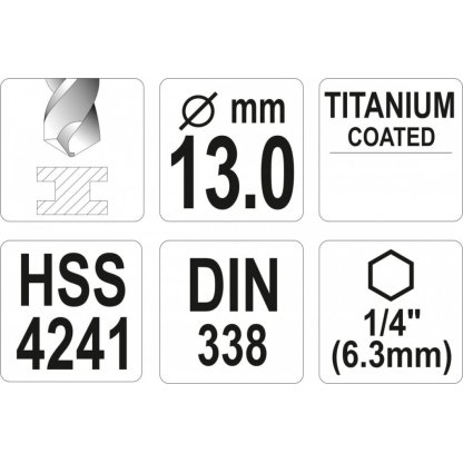 Vrták na kov 13mm TITAN HEX 1/4", délka 151mm - YT-44776
