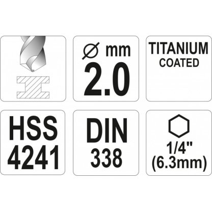 Vrták na kov 2mm TITAN HEX 1/4", délka 72mm - YT-44751