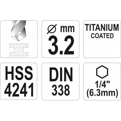 Vrták na kov 3,2mm TITAN HEX 1/4", délka 85mm - YT-44755