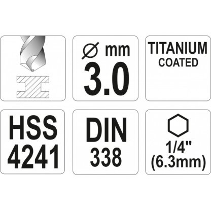 Vrták na kov 3mm TITAN HEX 1/4", délka 81mm - YT-44754