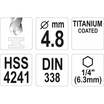 Vrták na kov 4,8mm TITAN HEX 1/4", délka 106mm - YT-44760