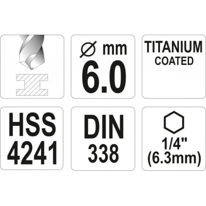 Vrták na kov 6mm TITAN HEX 1/4", délka 113mm - YT-44764