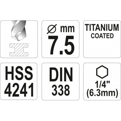 Vrták na kov 7,5mm TITAN HEX 1/4", délka 109mm - YT-44767