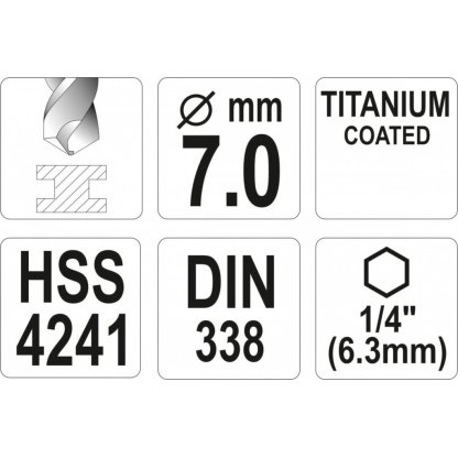 Vrták na kov 7mm TITAN HEX 1/4", délka 109mm - YT-44766
