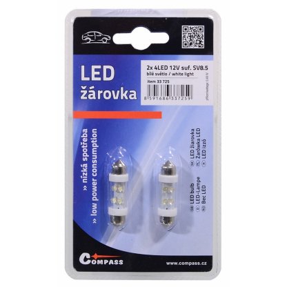 Žárovka 4LED 12V sufit SV8.5 38mm bílá, 33725