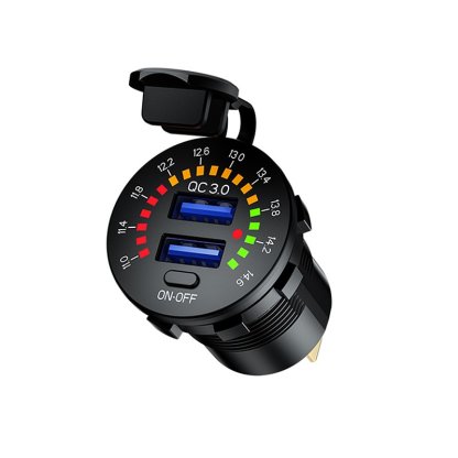Zástrčka s 2x USB (1x QC 3.0) a s 6A voltmetrem 12/24V a vypínačem, 63206