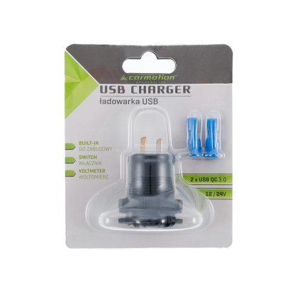 Zástrčka s 2x USB (1x QC 3.0) a s 6A voltmetrem 12/24V a vypínačem, 63206