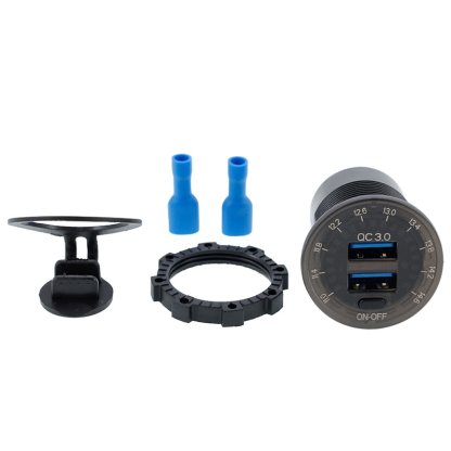 Zástrčka s 2x USB (1x QC 3.0) a s 6A voltmetrem 12/24V a vypínačem, 63206
