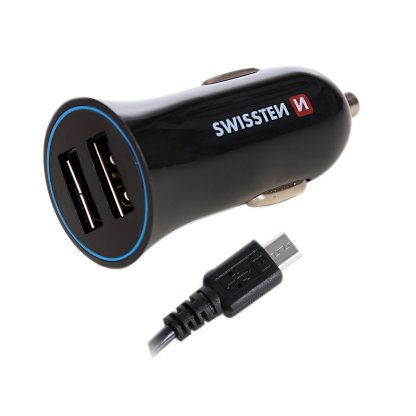 Zástrčka SWISSTEN s 2x USB výstupem 2,4 A, 12/24V s kabelem USB-C, 45349