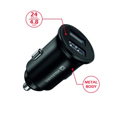 Zástrčka SWISSTEN s 2x USB výstupem 4,8 A (2,4A, 2,4A), 12/24V, 47413